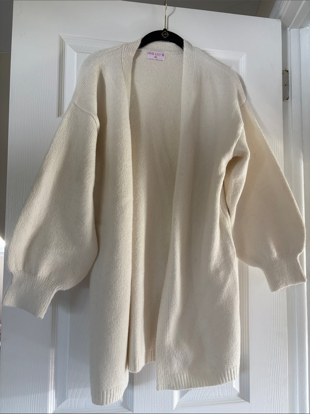 Pink Lily Open-Front Cream Balloon-Sleeve Sweater Cardigan